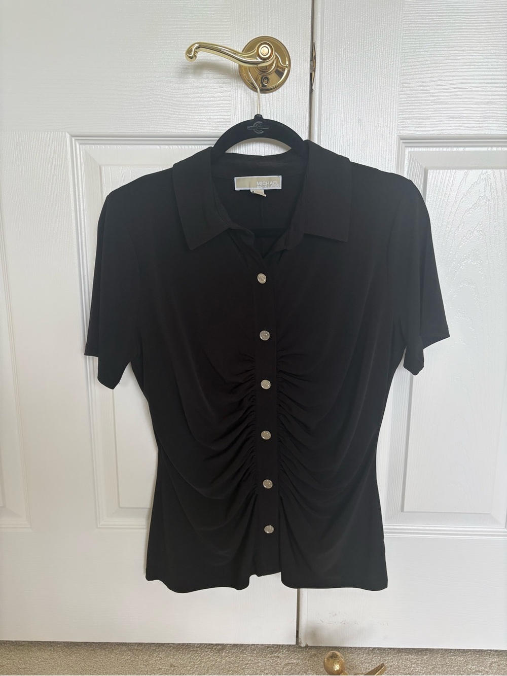 Michael Kors Black Ruched Button-Front Collared Short Sleeve Shirt